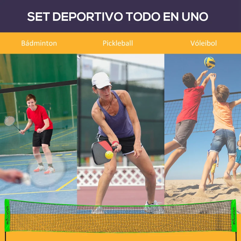 SPORTNOW Red con Soporte con 2 Raquetas y 3 Volantes de Bádminton y 2 Palas y 2 Bolas de Pickleball y Pelota de Voleibol