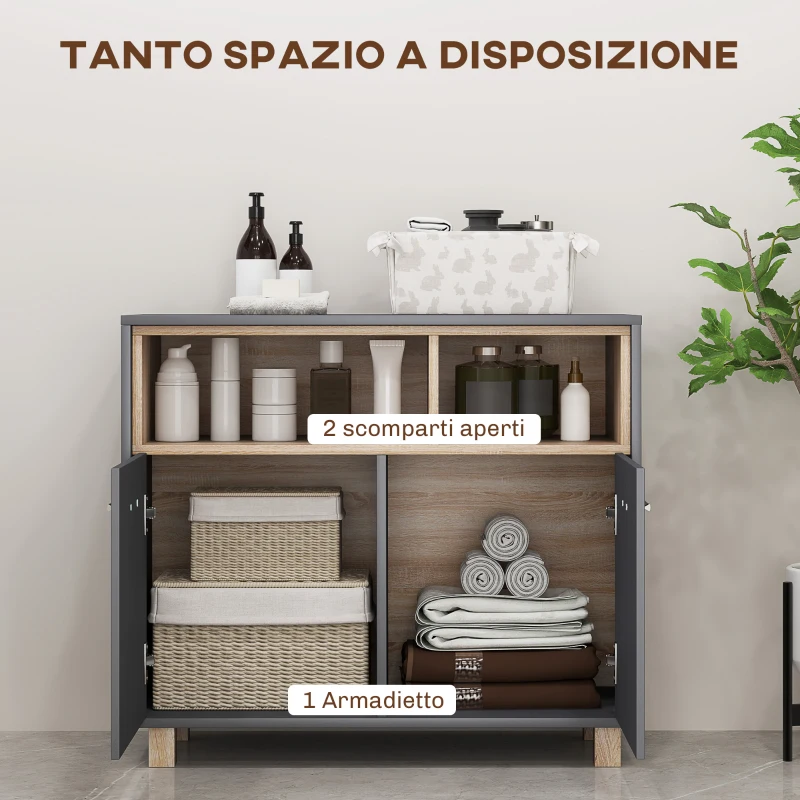 HOMCOM Mobiletto Bagno Moderno con Vani Aperti e Armadietto a 2 Ante, 80x35x70 cm, Grigio
