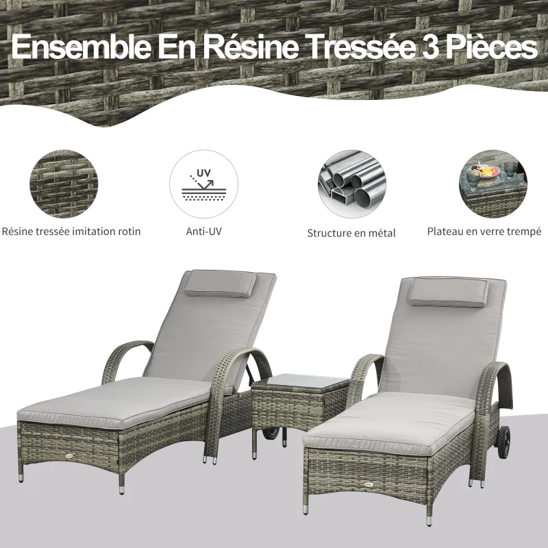Outsunny Lot de 2 transats bains de soleil grand confort : matelas, têtière, inclinaison réglable multipositions, accoudoirs, roulettes + table basse verre trempé résine tressée grise