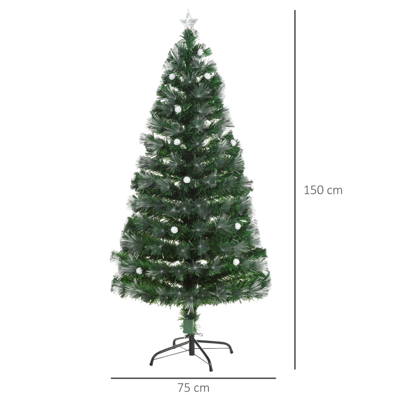 HOMCOM Sapin de Noël de 150 cm Artificiel Lumineux Fibre Optique LED + 26 Ampoules + Support Pied 180 Branches étoile Sommet Brillante Vert