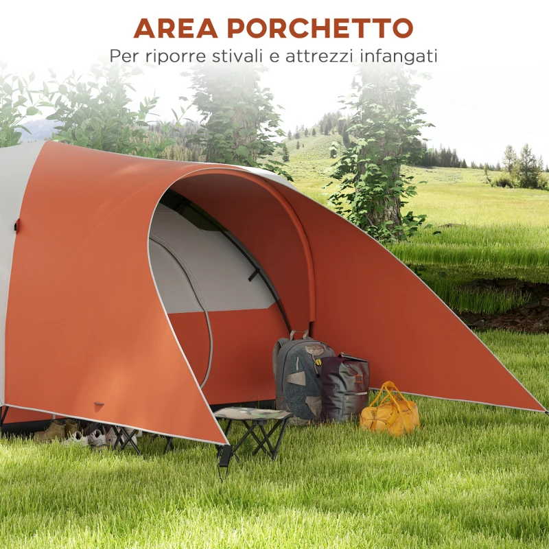 Outsunny Tenda da Campeggio 5-6 Posti con Portico, Impermeabile 3000mm con Borsa di Trasporto, Arancione