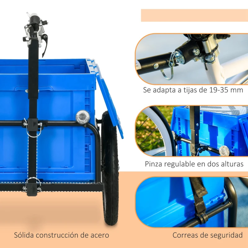 HOMCOM Remolque para Bicicleta de Carga con Caja de Almacenamiento Plegable Mango Ajustable Carga 40 kg Capacidad 65 L Azul