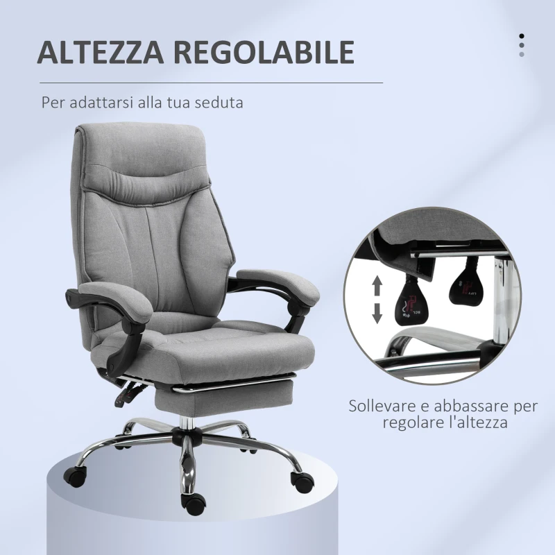 Vinsetto Sedia da Ufficio Ergonomica Girevole, Sedia da Scrivania con Rotelle, Poggiapiedi Retrattile e Reclinabile 135°, Altezza Regolabile, Grigio