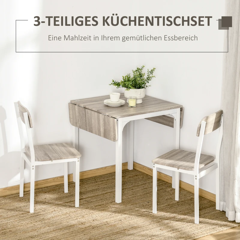 HOMCOM 2-teilige Sitzgruppe, Klappbarer Esstisch mit 2 Stühlen, Klapptisch, 110 cm x 70 cm x 75 cm, Weiß + Natur