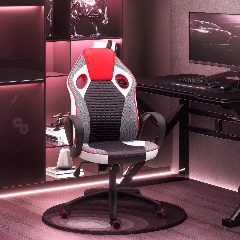 HOMCOM Silla Gaming Tapizada en PU y Malla Silla Gamer Giratoria con Función de Basculante Altura Ajustable Multicolor