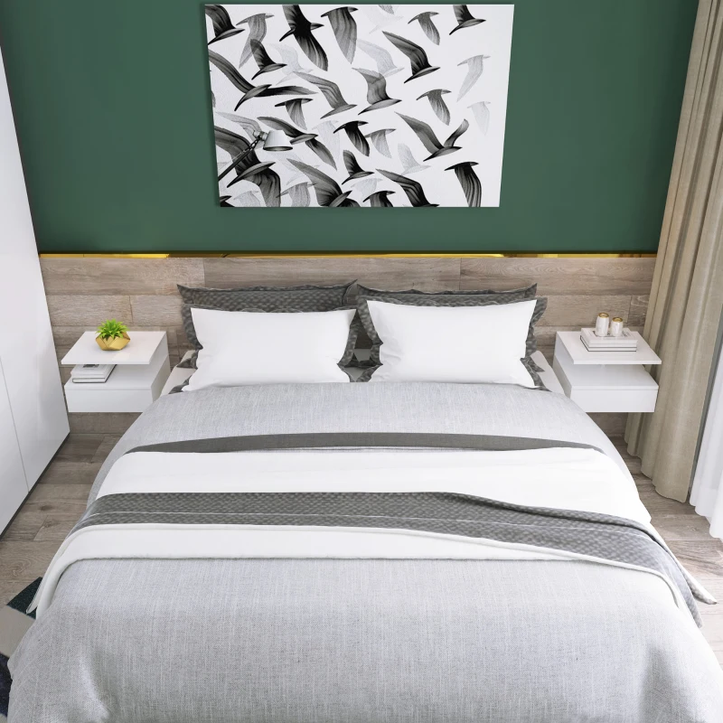 HOMCOM Lot de 2 Tables de Chevet murales - Lot de 2 Tables de Nuit - tiroir Coulissant, Niche, Plateau - Panneaux Particules blanc