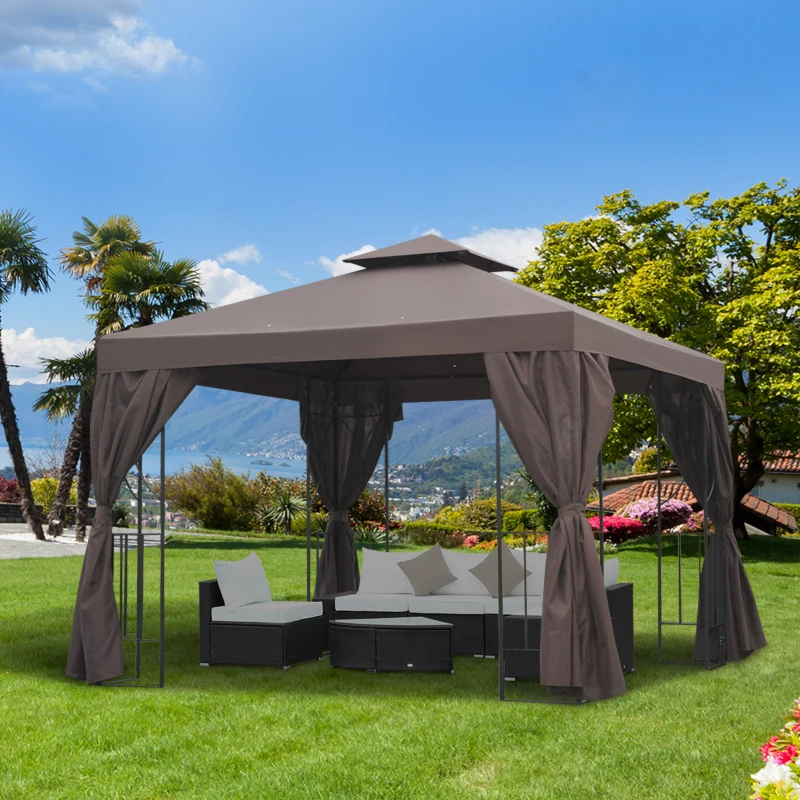 Outsunny 3 x 3 m Garden Gazebo Double Roof Marquee Patio Wedding Party Tent Canopy Shelter with Sidewalls (Brown)