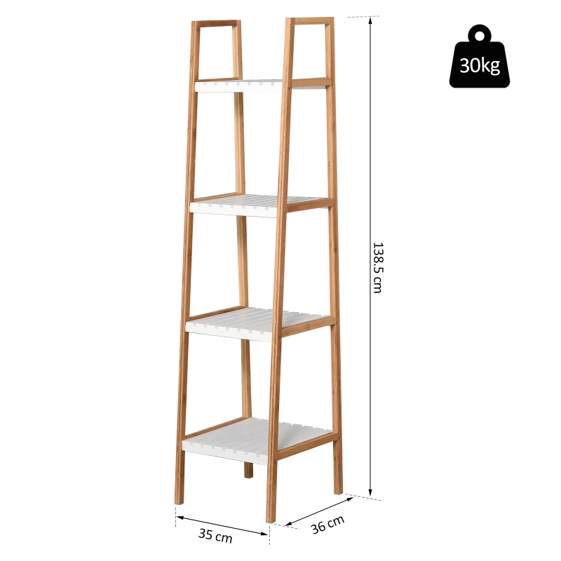 kleankin Estantería Escalera de Bambú de 4 Niveles Mueble de Almacenaje Multifuncional para Baño Salón Cocina 35x36x138,5 cm Blanco y Natural