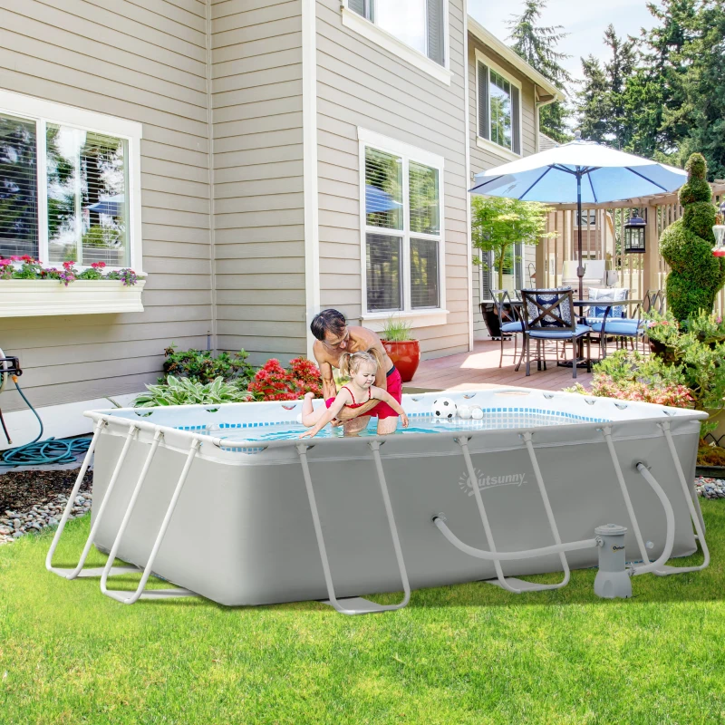 Outsunny Piscine tubulaire hors sol rectangulaire avec filtre, acier et plastique, dim. 340L x 215l x 80 cm, gris clair