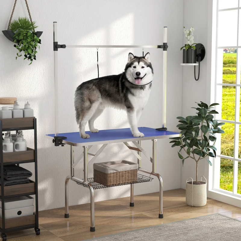 PawHut 42" Dog Grooming Table, Adjustable Pet Cat Drying Beauty Table with 2 Loops Storage Basket, Rubber Top, Blue
