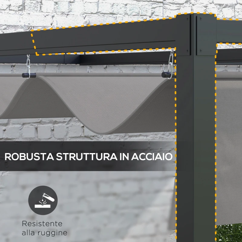 Outsunny Pergola Gazebo 3x4 m con Tettuccio Retrattile e Fori di Drenaggio, in Acciaio e Poliestere, Grigio