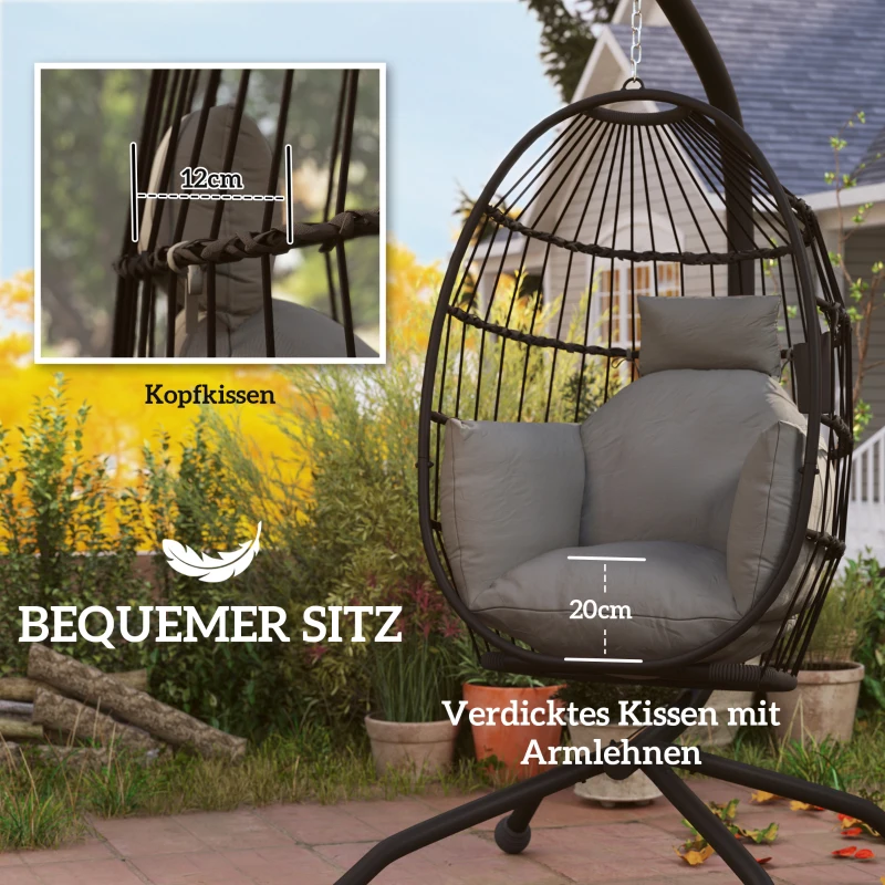 Outsunny Buitenhangstoel met inklapbare korfzitting en dikke kussens, standaard, hoofdsteun, bekerhouder, Zwart