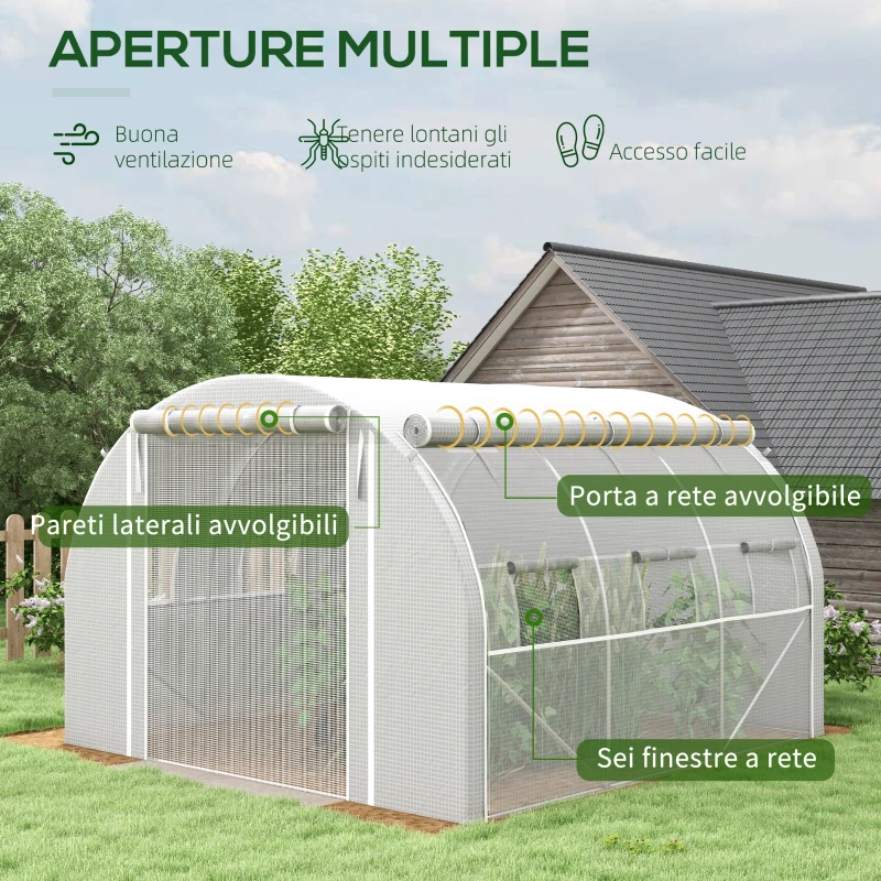 Outsunny Serra a Tunnel 3x3 m con Porta, 6 Finestre e 2 Pareti Avvolgibili, in Acciaio e Telo in PE, Bianca