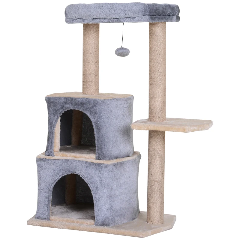PawHut Arbre à chat 3 griffoirs grattoirs sisal naturel plateformes panier niches et boule suspendue dim. 60L x 40l x 92H cm peluche haute densité 500 g/m² gris beige