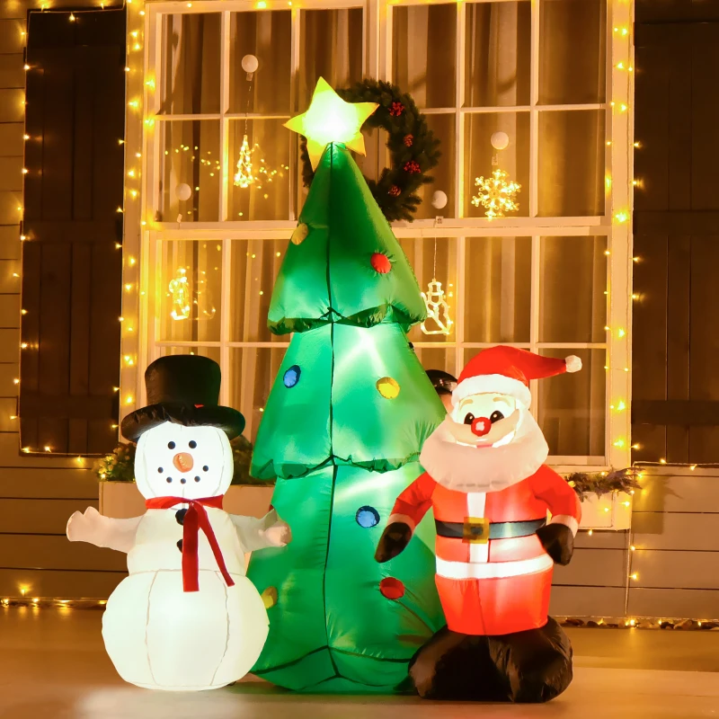 HOMCOM Albero di Natale Gonfiabile con Babbo Natale, Pupazzo di Neve, Luci LED e Gonfiatore, Altezza 185cm
