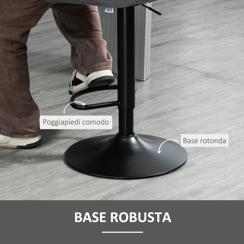 HOMCOM Set 2 Sgabelli da Bar ad Altezza Regolabile con Seduta Ergonomica e Poggiapiedi, Sgabelli Alti in Effetto Velluto e Metallo, 47x51.5x92-114 cm, Grigio