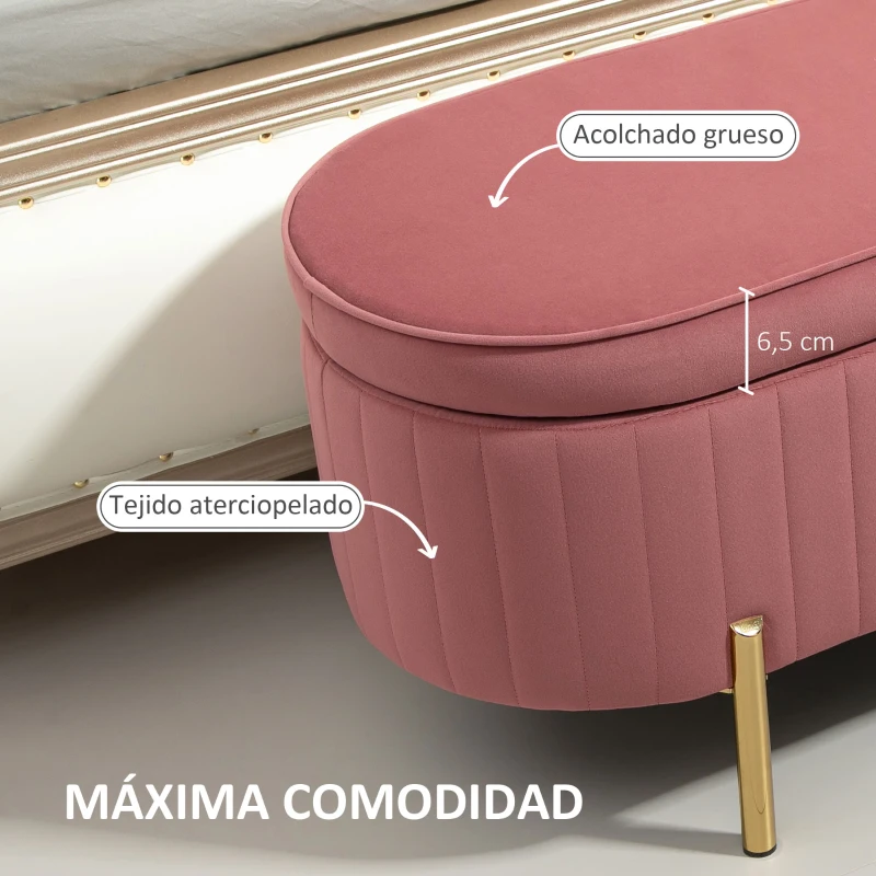HOMCOM Banco para Pie de Cama con Almacenaje Tapizado en Terciopelo Patas Doradas y Diseño Elegante Ovalado 108x44x43,5cm Rosa