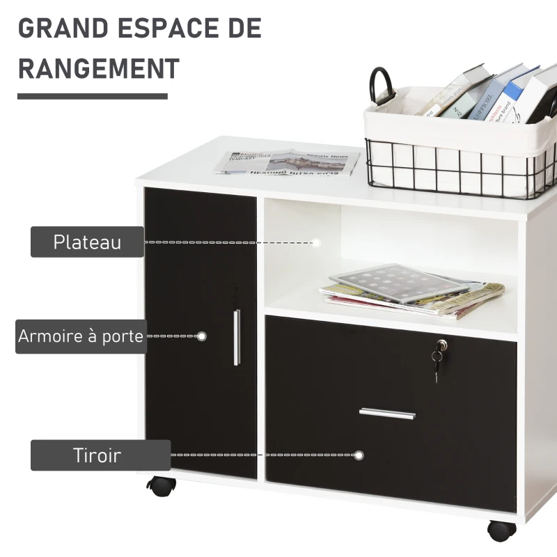 HOMCOM support d'imprimante organiseur bureau caisson placard porte, niche, tiroir verrouillable + grand plateau panneaux particules noir blanc