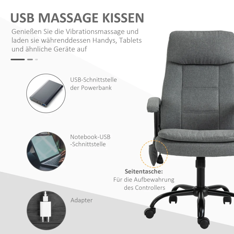 Vinsetto Bürostuhl Massage höhenverstellbarer Chefsessel Gamingstuhl mit Massagefunktion, ergonomischer Drehstuhl Massage Sessel Lendenwirbelsäulenmassage Leinen-Gefühl Grau 63 x 70 x 112-121 cm