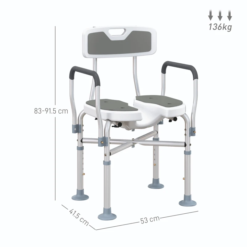 HOMCOM Shower Chair with Hygiene Cut-Out Seat and Reinforced Crossbars, Height Adjustable Padded Bath Chair with Non-slip Feet for Elderly Seniors Disabled Handicap, Tool-Free Assembly, Grey