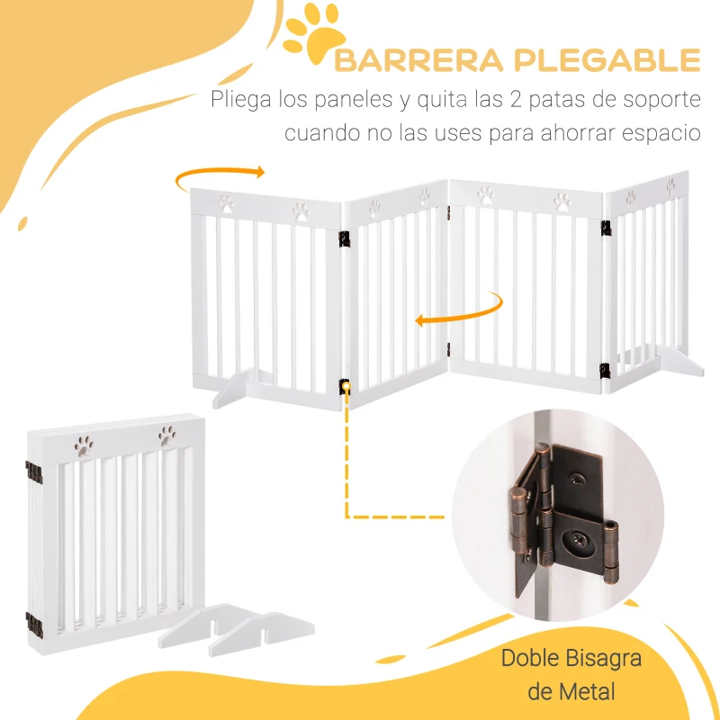 PawHut Barrera para Perros Plegable de 4 Paneles 204x61 cm Barrera de Seguridad para Perros con Estructura de Madera y Patas de Apoyo para Pasillo Escalera Blanco