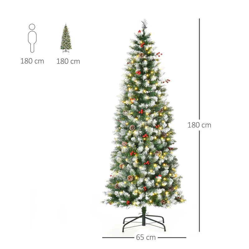 HOMCOM Árbol de Navidad Nevado Artificial 180 cm Árbol de Navidad con 300 Luces LED Blanco Cálido 618 Ramas Ignífugas de Plástico Decoraciones Incluidas y Base Plegable Ø65x180 cm Verde