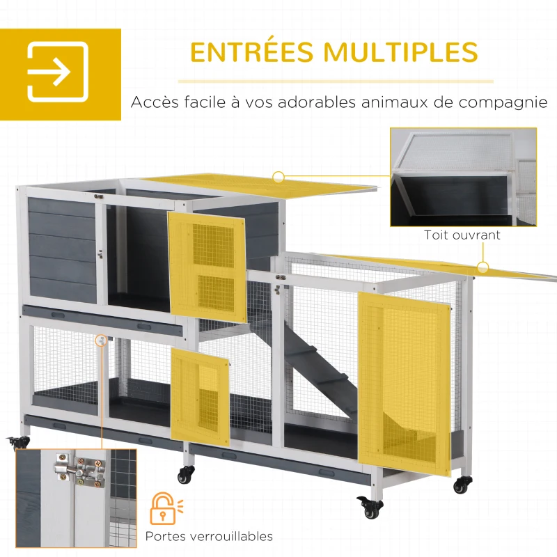 PawHut Clapier intérieur bois avec roulettes 2 étages rampes - dim. 147L x 45,5l x 88,5H cm - gris et blanc