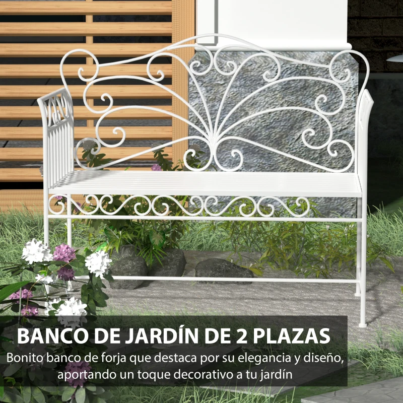 Outsunny Banco de Jardín de 2 Plazas 113,5x50x96 cm Banco de Terraza de Metal con Respaldo Decorativo y Reposabrazos Vintage para Exterior Carga 200 kg Crema
