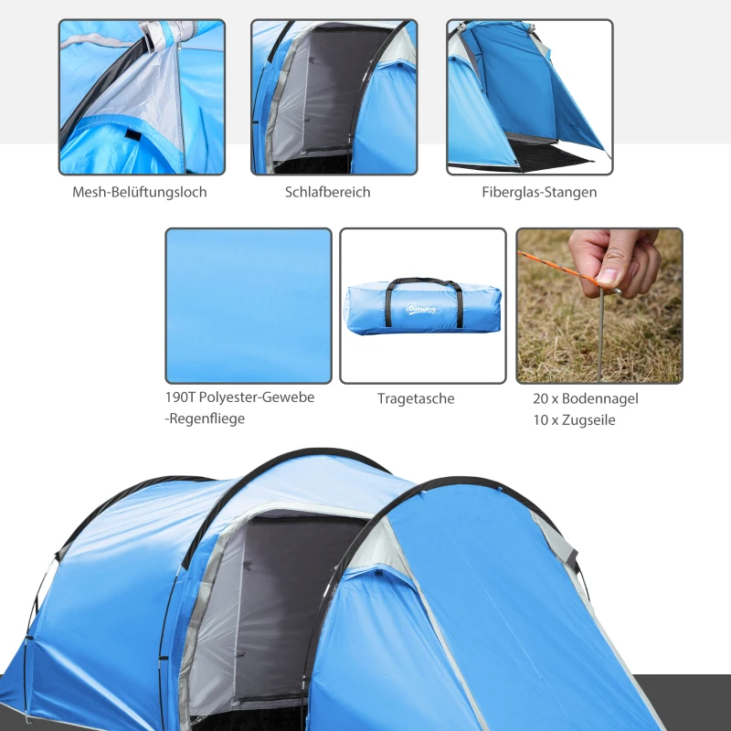 Outsunny Campingzelt, Wurfzelt für 2-3 Personen, Vorraum & Schlafbereich, wasserdicht, 426 x 206 x 154 cm, Hellblau