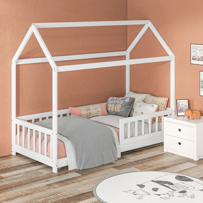 HOMCOM Struttura Letto per Bambini a Forma di Casetta con Doghe e Recinzione, in Legno di Pino, 96x195x165 cm, Bianco