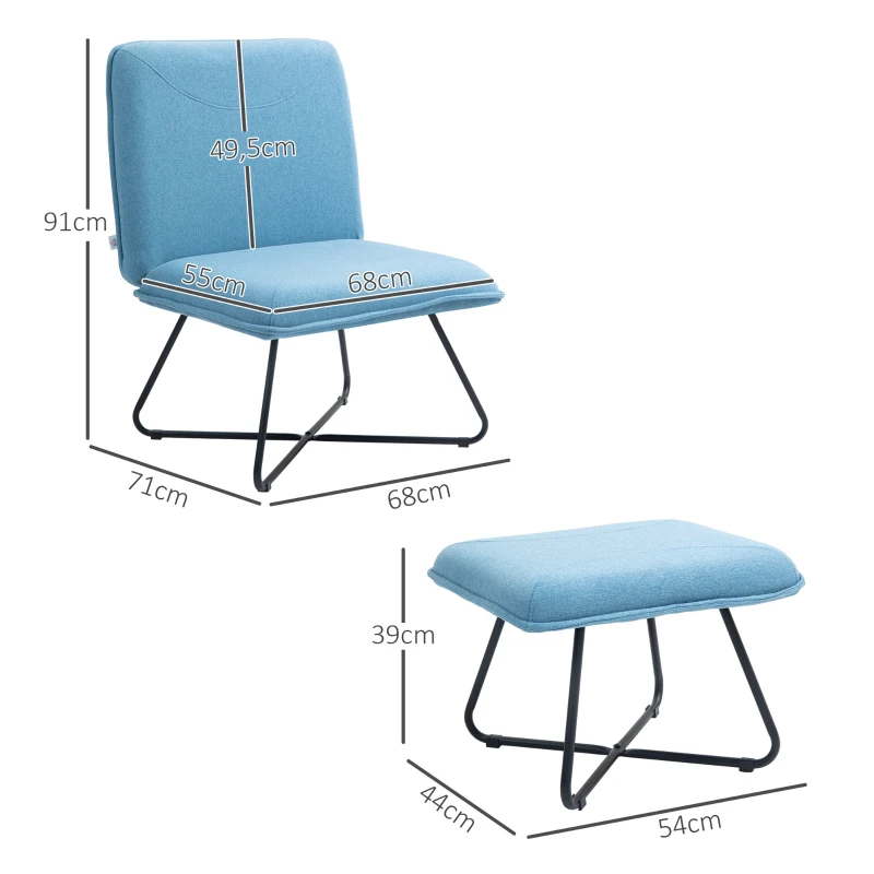 HOMCOM Butaca con Reposapiés Sillón para Lectura con Patas de Acero en Forma de Cruz Azul Claro