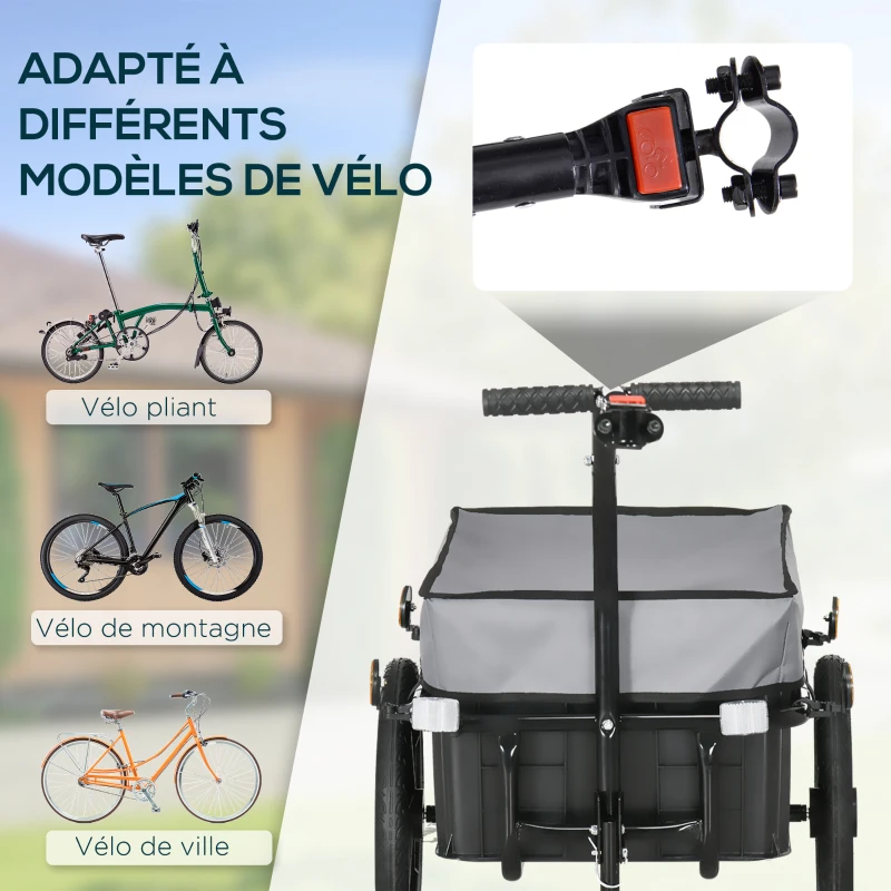 HOMCOM Remorque vélo remorque de transport pour vélo 144L x 59l x 80H cm barre d'attelage universelle acier noir gris