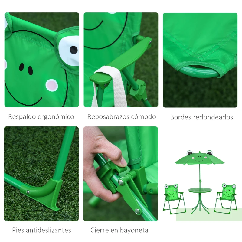 Outsunny Set de Mesa y Sillas Infantil de Jardín Conjunto de Picnic Plegable para Niños Juego de Mesa con Sombrilla Ajustable en Altura de 100-125 cm Diseño de Rana Verde