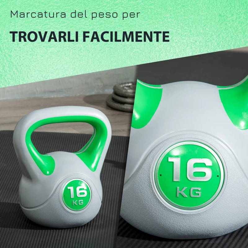 SPORTNOW Kettlebell 16kg in PU e Sabbia con Base Piatta e Impugnatura per Stacchi, Squat e Sollevamenti, 26x18x32 cm, Verde