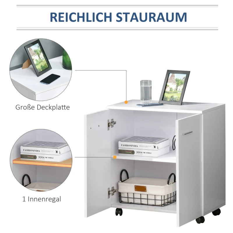 HOMCOM Mobile Kommode Sideboard Küchenschrank Anrichte 2-türig mit vier Rollen Weiß 60 x 35 x 65 cm
