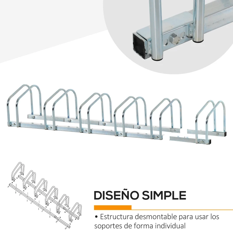 HOMCOM Aparcamiento para 6 Bicicletas Soporte de Acero para Aparcar Bicicletas en el Suelo o Pared 179x33x27 cm Plata