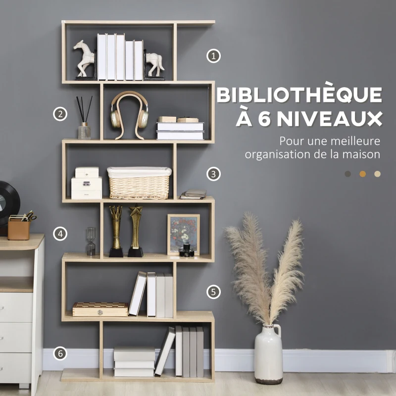 HOMCOM Bibliothèque étagère Zig zag Design Contemporain 80L x 23l x 192H cm 6 Niveaux Coloris chêne Clair