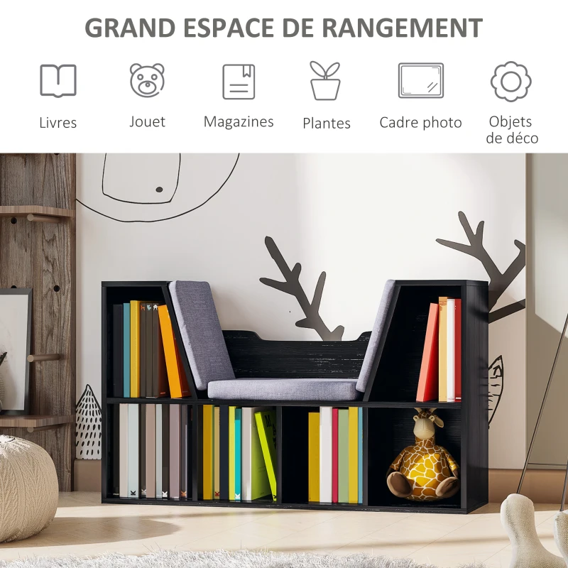 HOMCOM Bibliothèque banc 2 en 1 avec coussins de siège, étagère cube 6 compartiments ouverts et 2 niveaux, meuble de rangement pour salon, chambre à coucher, bureau, 102 x 30 x 61 cm, noir