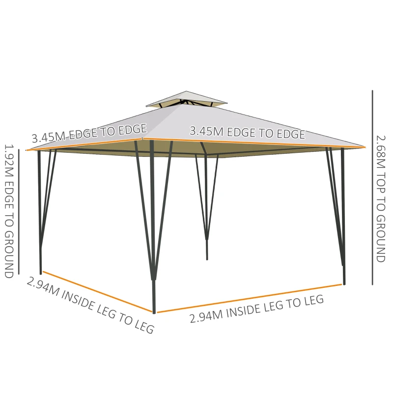 Outsunny 3.5x3.5m Side-Less Outdoor Canopy Tent Gazebo w/ 2-Tier Roof Steel Frame Garden Party Gathering Shelter Beige