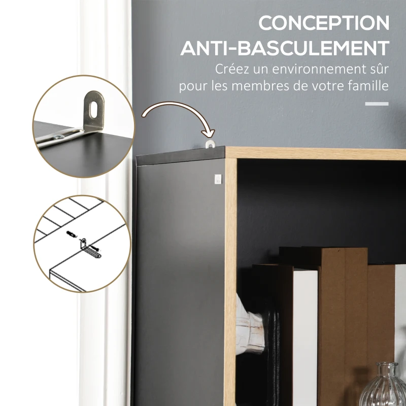 HOMCOM Bibliothèque meuble de rangement 2 tiroirs 7 compartiments porte coulissante 80 x 40 x 165 cm noir et naturel