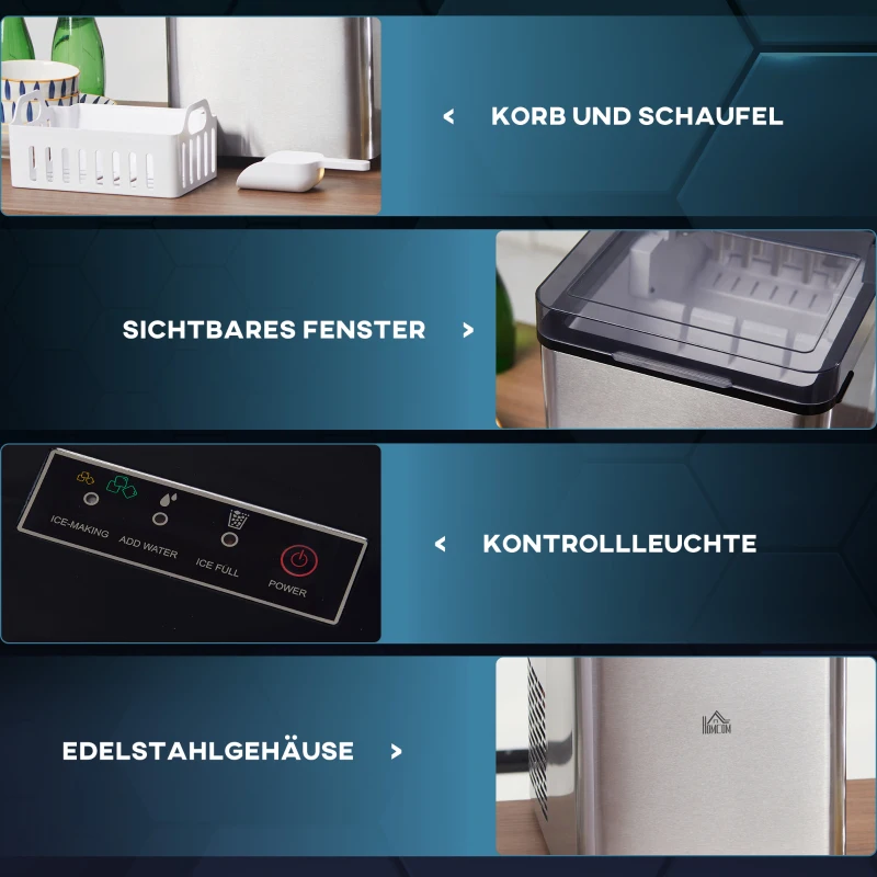 HOMCOM Eiswürfelmaschine, 2, 1 Liter Wasser, 15 kg in 24 h, Selbstreinigend, Weiß, inkl. Eiswanne + Eisschaufel