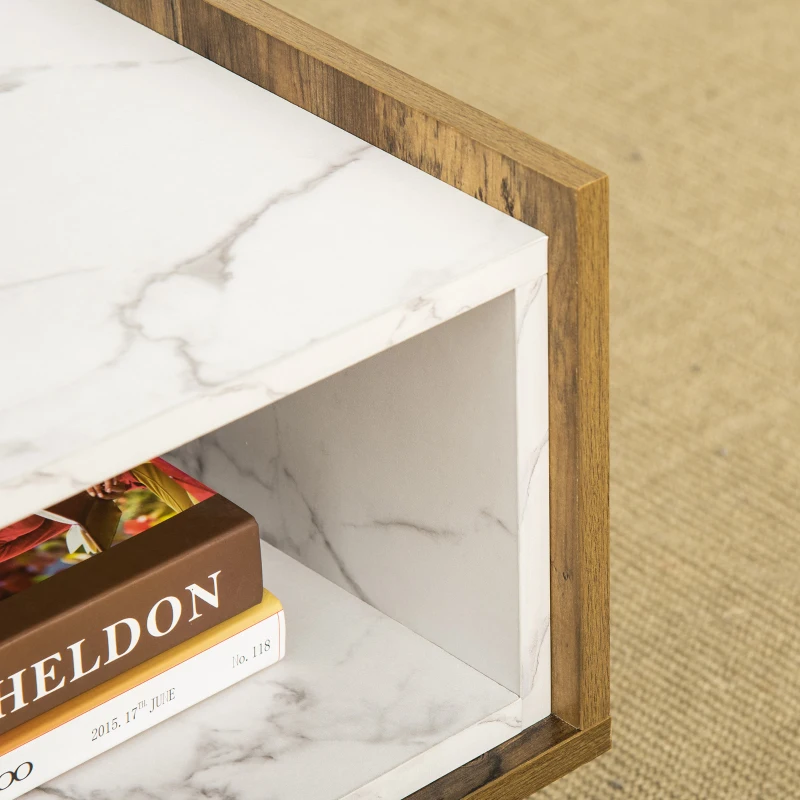 HOMCOM Mesa de Centro para Salón con Cajón y Estante Abierto Mesa de Café Industrial con Encimera de Mármol y Patas Elevadas de Madera 80x45x40,5 cm Marrón Rústico y Blanco