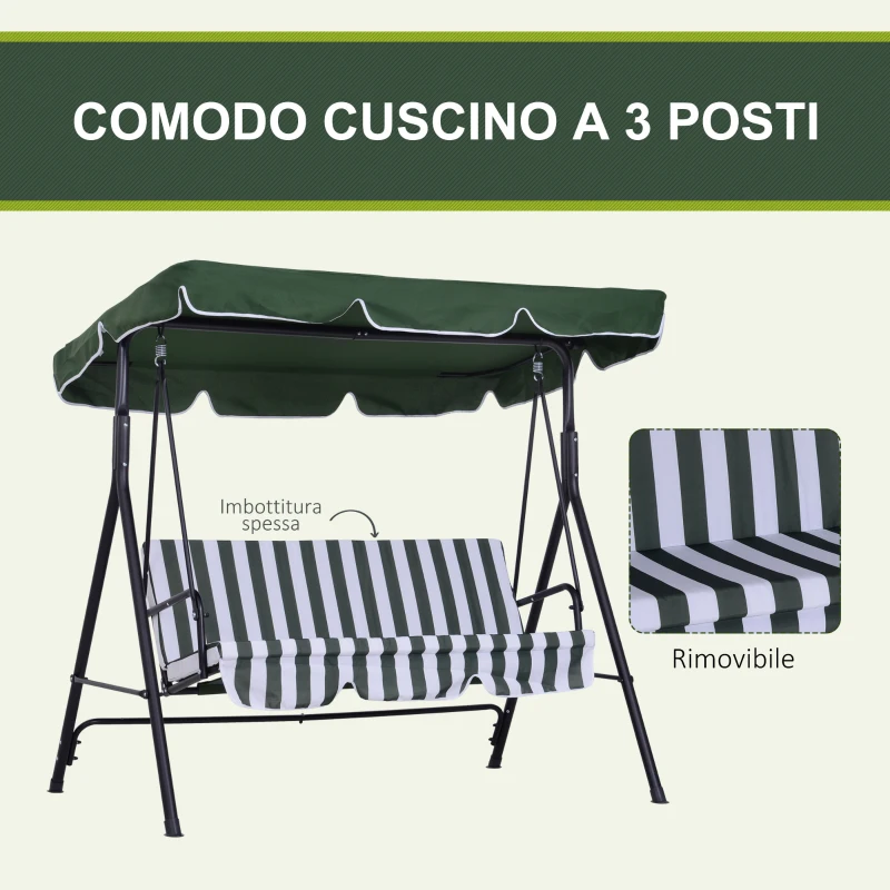 Outsunny Dondolo da Giardino a 3 Posti con Tettuccio Inclinabile e Cuscini, 172x110x153 cm, Verde