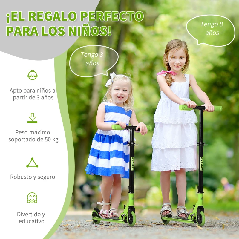 HOMCOM Patinete para Niños de +3 Años Plegable Scooter de 2 Ruedas con Manillar Altura Ajustable Freno Posterior y Pedal Antideslizante Carga 50 kg 67,7x34x79,5-89,5 cm Verde