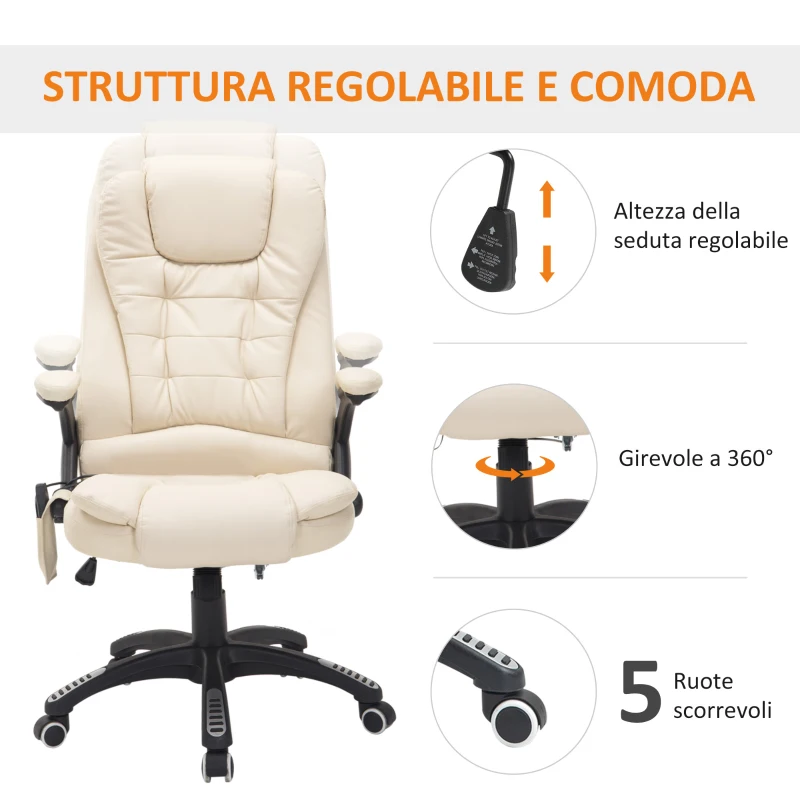 HOMCOM Poltrona Massaggiante da Ufficio ad Altezza Regolabile con 6 Punti Massaggianti, in PU, 62x68x111-121 cm, Beige