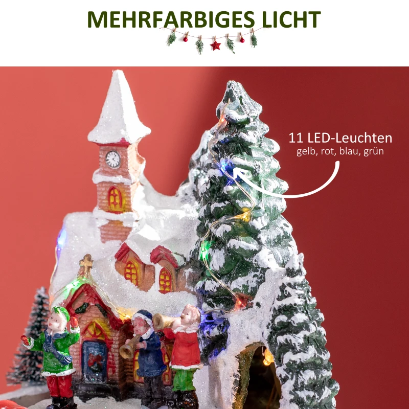 HOMCOM Weihnachtsdeko, verschneites Dorf, LED-Lichter, beweglicher Zug, 8 Lieder, 2 Modi, Harz, Mehrfarbig