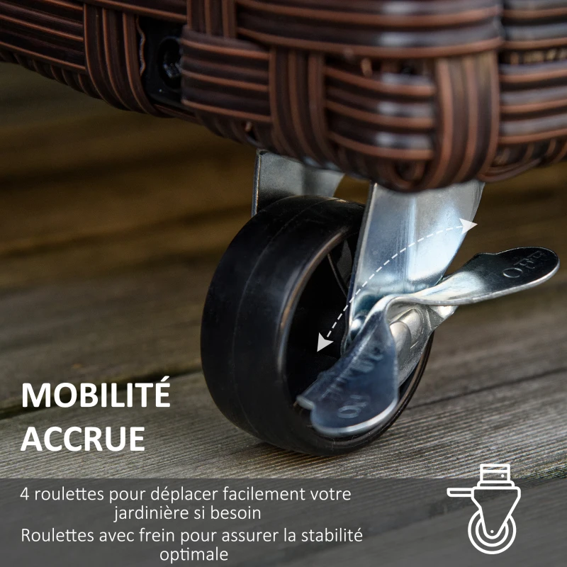 Outsunny Jardinière sur pieds en résine tressée PE carré potager surélevé bac à fleurs extérieur jardin tissu non-tissé inserts d'irrigation inclus métal dim. 94,5L x 31l x 36H cm brun