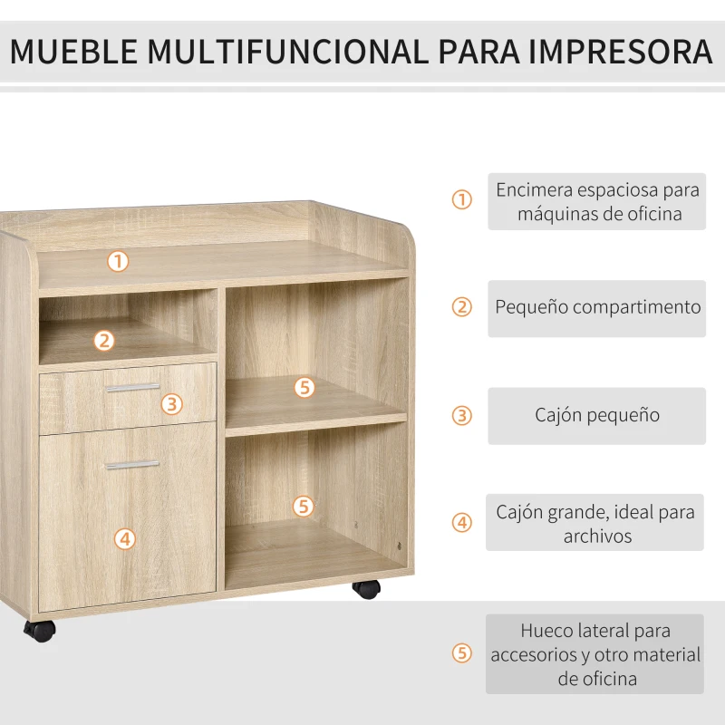Vinsetto Armario para Impresora con 3 Compartimentos 2 Cajones para Archivos Estante Ajustable Ruedas 80x40x72 cm Roble