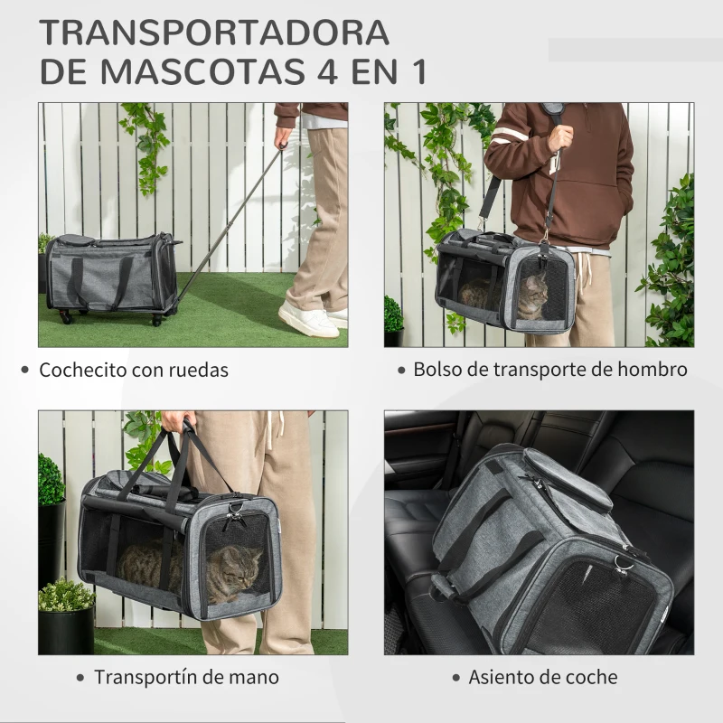 PawHut 4 en 1 Transportadora para Mascotas con Ruedas Carrito para Mascotas Bolsa de Transporte para Perros 50x31x37 cm Gris