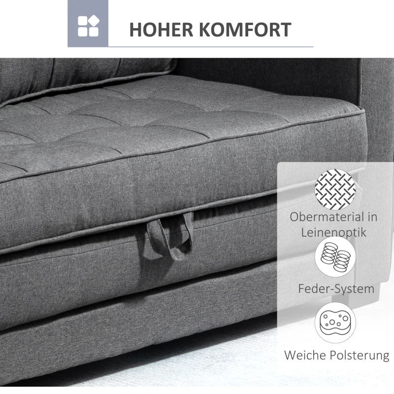 HOMCOM Schlafsofa Klappsofa 2-Sitzer Stoffsofa Bettsofa Sofa mit Schlaffunktion Sofagarnitur Leinen-Touch Gummiholz Grau 147,5 x 75 x 85 cm